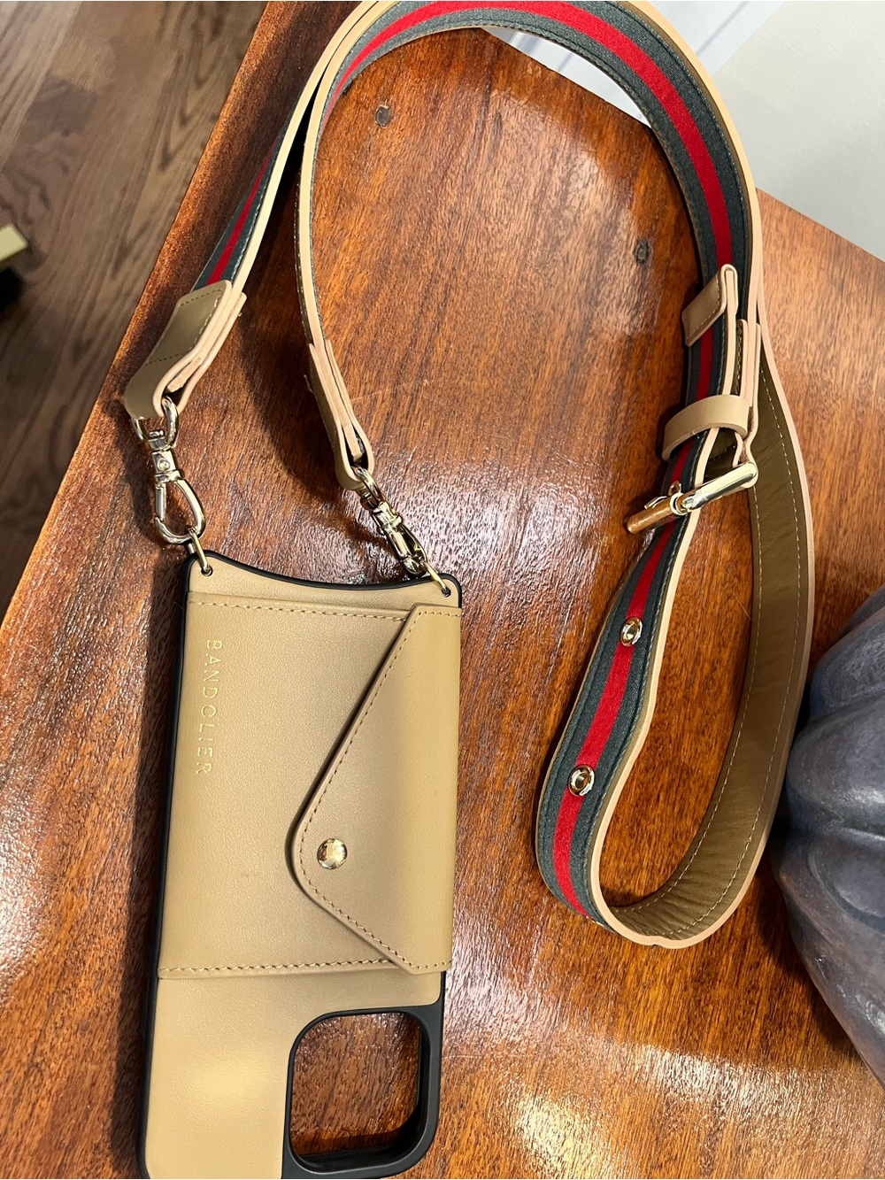 Bandolier Tan Leather Crossbody Phone Case with Stripe Strap